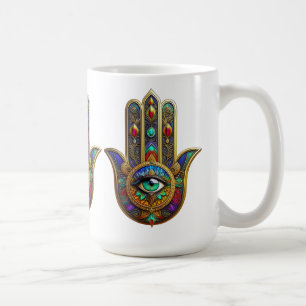 Pfauenfarbene Blütenblätter Hamsa Grün Drittes Aug Kaffeetasse