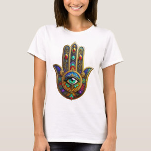 Pfauenfarbene Blütenblätter Hamsa Grün Drittes Aug T-Shirt