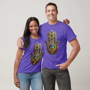 Pfauenfarbene Blütenblätter Hamsa Grün Drittes Aug T-Shirt