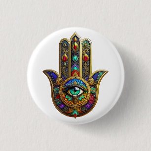 Pfauenfarbene Blütenblätter Hamsa Grünes Drittes A Button