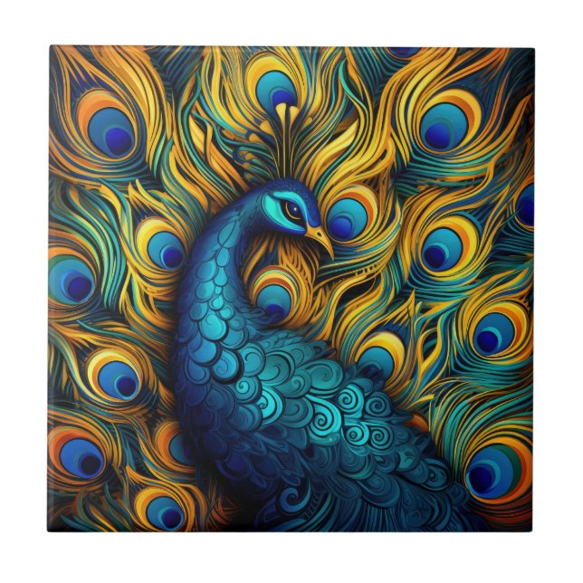 Pfauenfarbenes Blau und Orangendarstellung Fliese (Vorderseite)