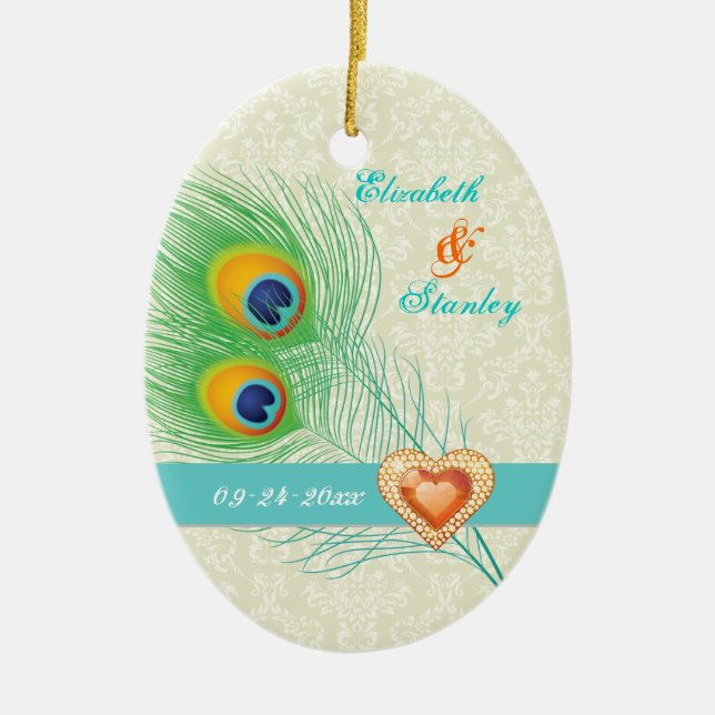 Pfauenfeather Juwelenhochzeit Sicherer Termin Keramik Ornament (Vorne)