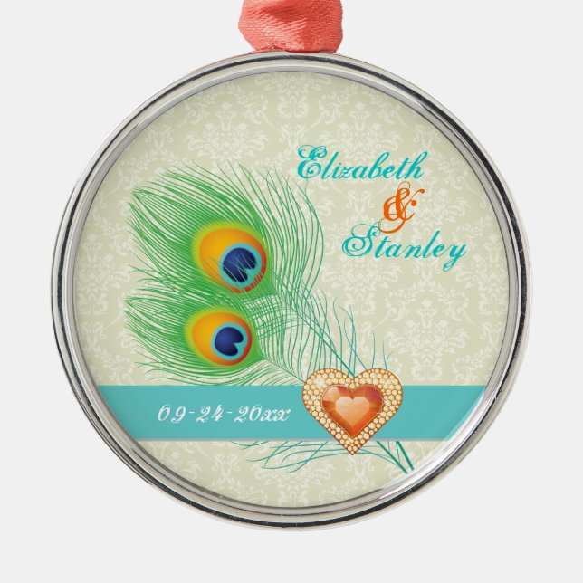 Pfauenfeather Juwelenhochzeit Sicherer Termin Ornament Aus Metall (Vorne)