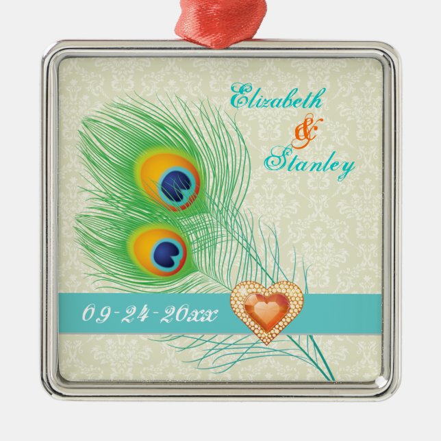 Pfauenfeather Juwelenhochzeit Sicherer Termin Silbernes Ornament (Vorne)