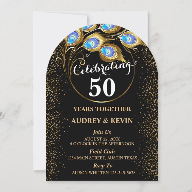 Pfauenfeathers 50. Hochzeitstag Einladung (Vorderseite)