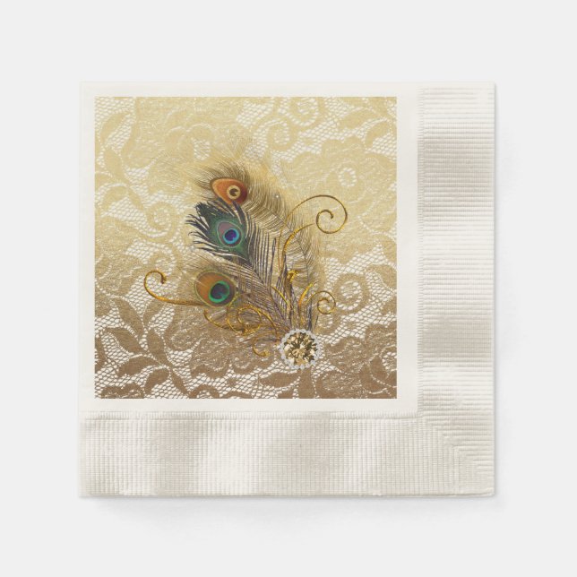 Pfauenfeathers auf Tellern aus Gold Lace Paper Serviette (Vorderseite)