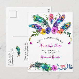 Pfauenfeathers & Blume Quinceañera Haushalt Postkarte