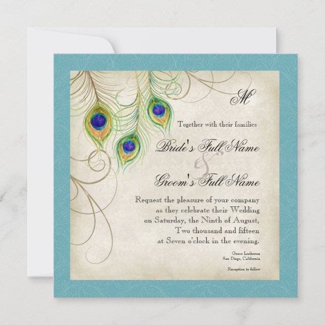 Pfauenfeathers Hochzeitseinladung Einladung (Vorderseite)