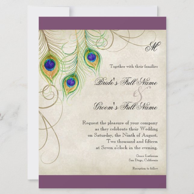 Pfauenfeathers Hochzeitseinladung Einladung (Vorderseite)