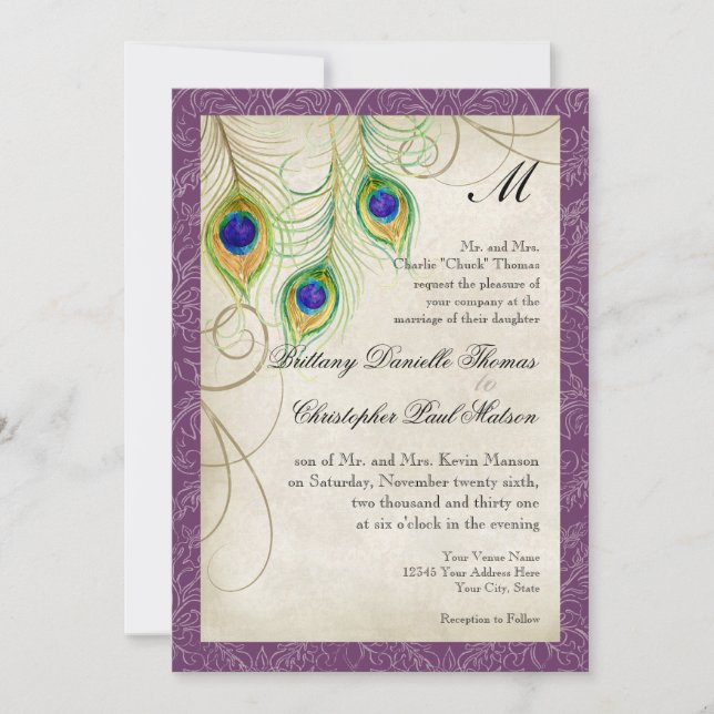 Pfauenfeathers Hochzeitseinladung Einladung (Vorderseite)