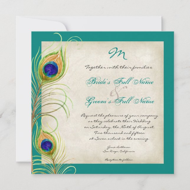 Pfauenfeathers Hochzeitseinladung Einladung (Vorderseite)