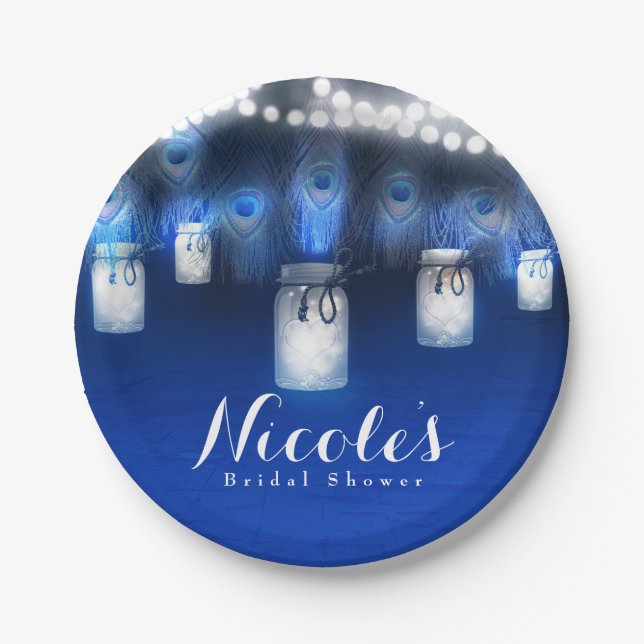 Pfauenfeathers, Mason Jar & String Lights Party Pappteller (Vorderseite)