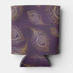Pfauenfeder aus Gold, violetter Hintergrund. Dosenkühler