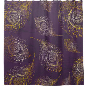 Pfauenfeder aus Gold, violetter Hintergrund. Duschvorhang