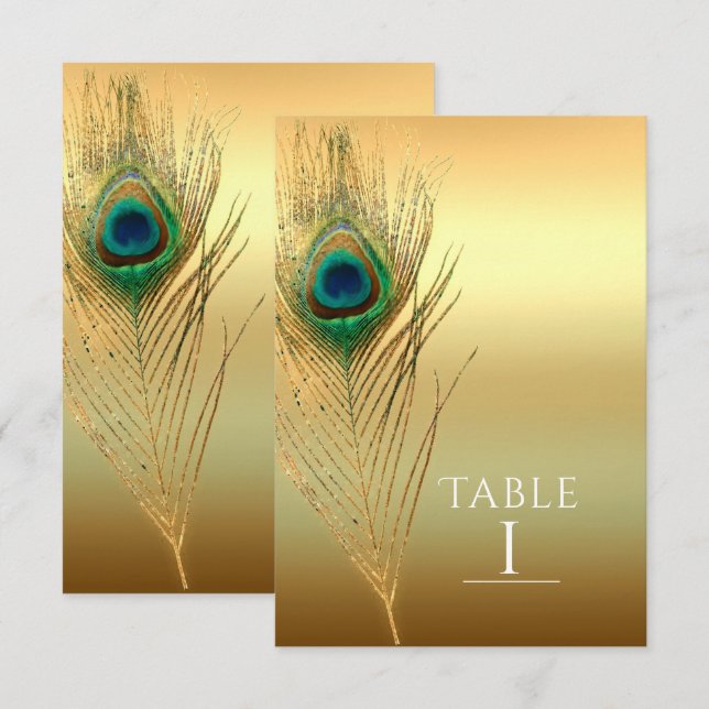 Pfauenfeder Gold Exotische Boho-Chic-Tischnummer Einladung (Vorne/Hinten)