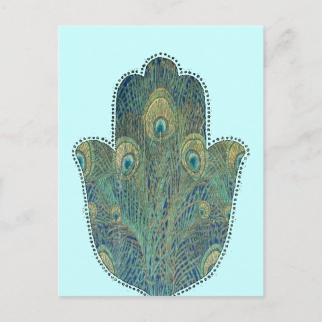 Pfauenfeder Hamsa Boho Judaica Postkarte (Vorderseite)
