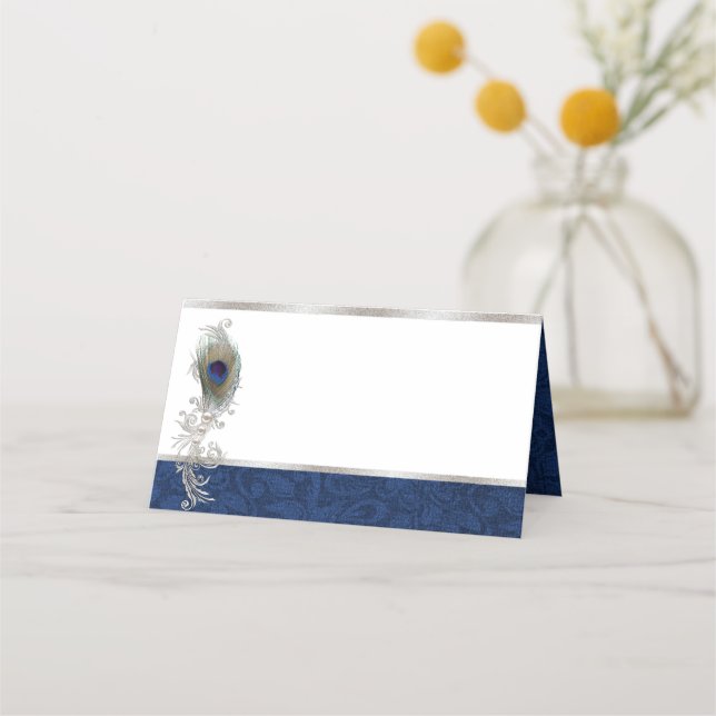 Pfauenfeder-Hochzeitgefaltete Platzkarte (Vorderseite)