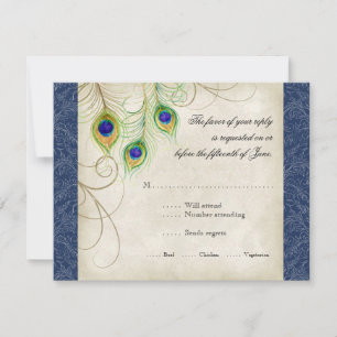 Pfauenfeder Hochzeitseinladung königsblau RSVP Karte