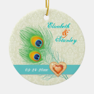 Pfauenfeder-Juwel-Herz-Hochzeit Save the Date Keramikornament