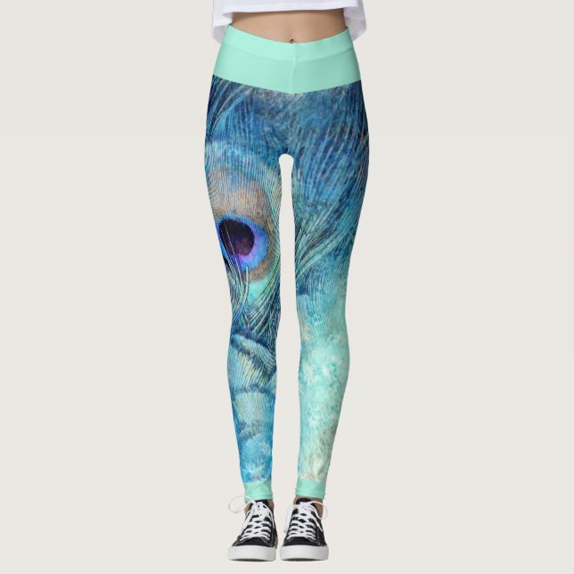 Pfauenfeder-Leggings Marmor aquamarin blau lila Leggings (Vorderseite)