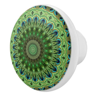 Pfauenfeder-Mandala Smaragd- und Blaufarbene Symme Keramikknauf