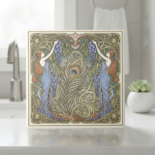 Pfauenfeder und Musen Art Nouveau Pat#4 ID1193 Fliese
