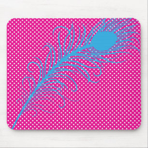 Pfauenfeder und Polka Dots - Rosa und Aqua Mousepad