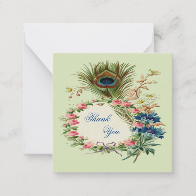 Pfauenfeder und Vintage Blume Danke Mitteilungskarte (Vorderseite)