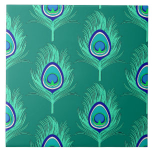 Pfauenfedern, Aqua auf Türkis / Pfau Fliese