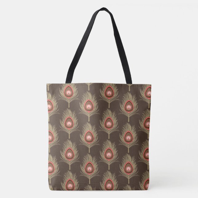 PfauenFedern, Beige auf dunklem Schokoladenbraun Tasche (Vorderseite)