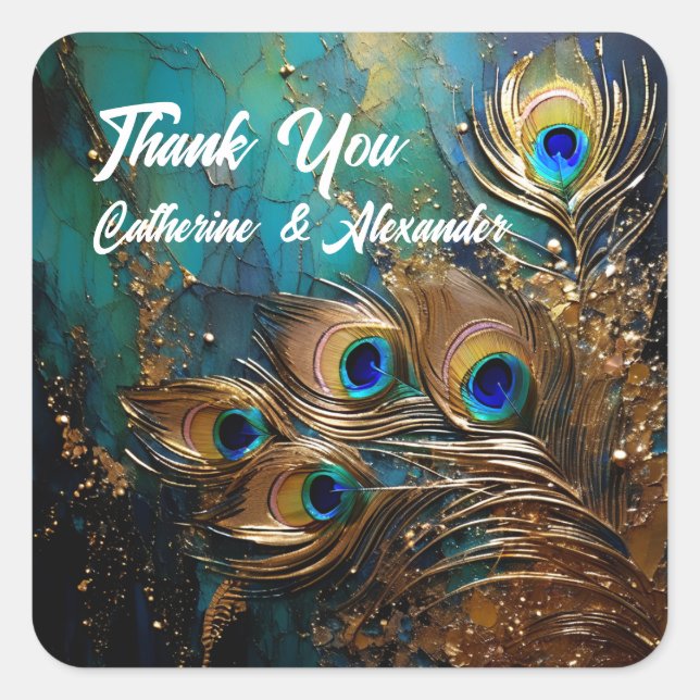 Pfauenfedern elegant quadratischer aufkleber (Vorderseite)
