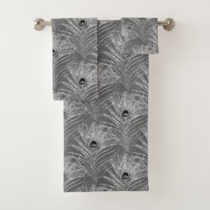 Pfauenfedern elegantes silbergraues Muster Badhandtuch Set