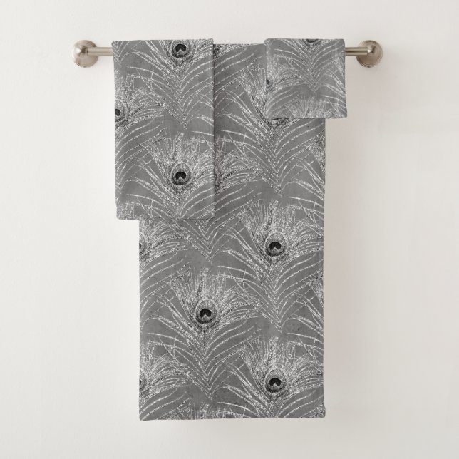 Pfauenfedern elegantes silbergraues Muster Badhandtuch Set (Insitu)