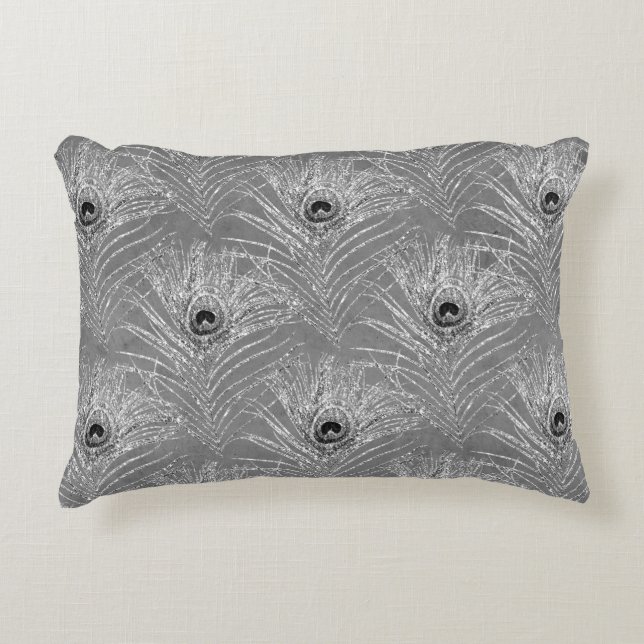 Pfauenfedern elegantes silbergraues Muster Dekokissen (Vorderseite)