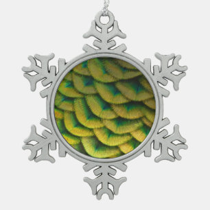 Pfauenfedern II Farbige Natur Schneeflocken Zinn-Ornament
