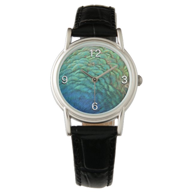 PfauenFedern in farbenprächtiger Abstrakter Natur Armbanduhr (Vorderseite)