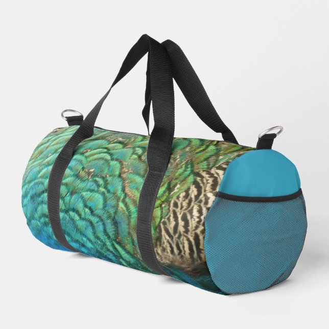 PfauenFedern in farbenprächtiger Abstrakter Natur Duffle Bag (Rechte Ecke)