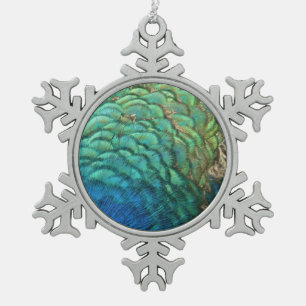 PfauenFedern in farbenprächtiger Abstrakter Natur Schneeflocken Zinn-Ornament