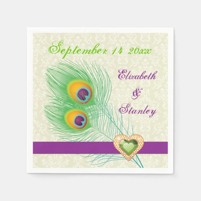 Pfauenfedern lila, grüne Schmuckherz-Hochzeit Serviette (Vorderseite)