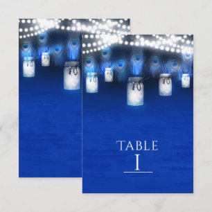 Pfauenfedern, Mason Jar & Lights Tischnummer