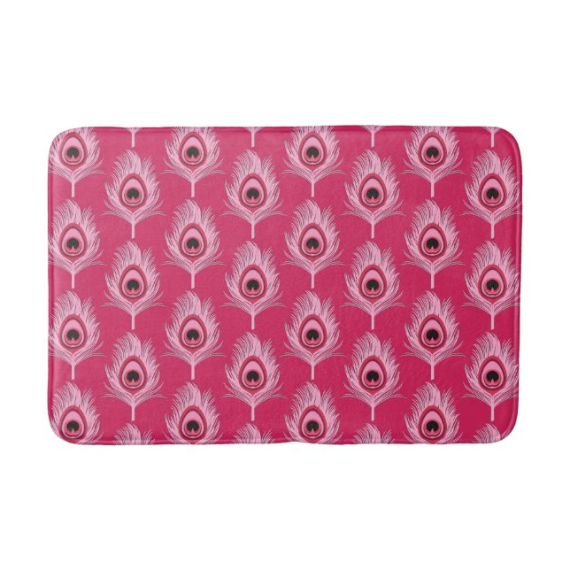PfauenFedern, Pastellrosa auf Fuchsienrosa Bad Badematte (Vorderseite)