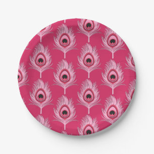 Pfauenfedern, Pastellrosa auf Fuchsienrosa Pappteller