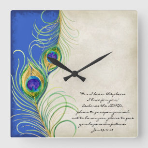 Pfauenfedern Royal Damast Christliche Schrift Quadratische Wanduhr
