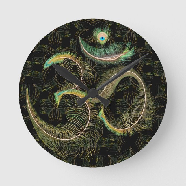 Pfauenfederung om schwarz auf schwarzer Wanduhr (Vorderseite)