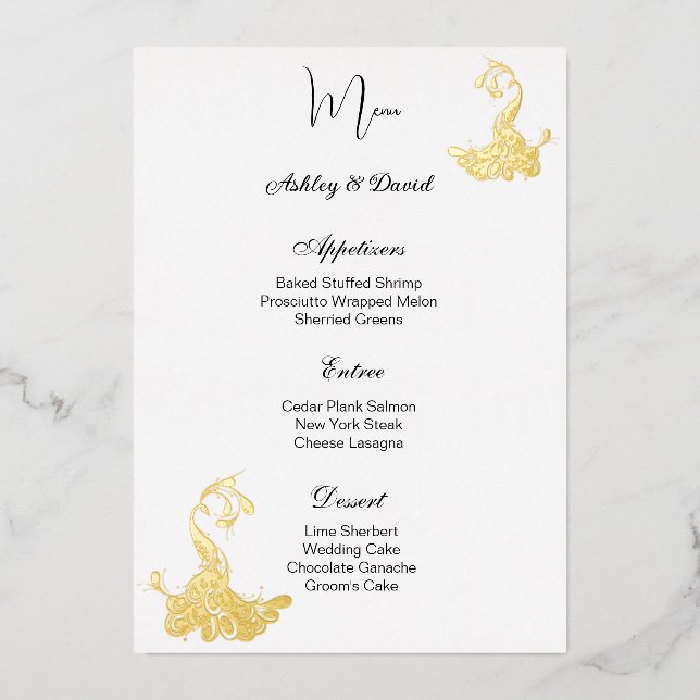 Pfauenfoil Wedding Menu Card Folieneinladung (Vorderseite)