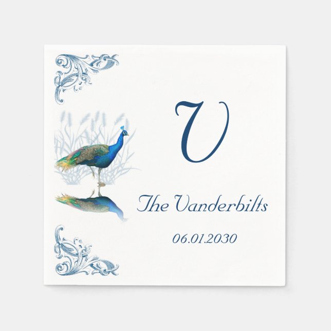 Pfauengarten in Blauer und Weiße Hochzeit Serviette (Vorderseite)