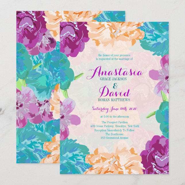 Pfauenhochzeit-Blume Einladung (Vorne/Hinten)