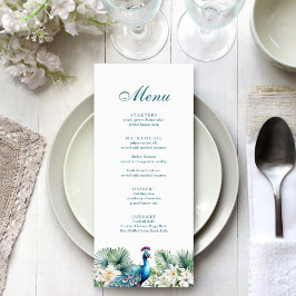 Pfauenhochzeit für aquamarine tropische Blume Menükarte