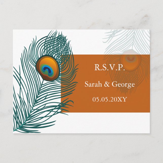 Pfauenhochzeit orange rsvp einladungspostkarte (Vorderseite)