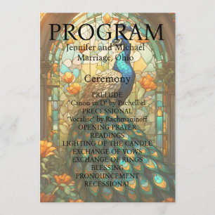 Pfauenhochzeitkarte für festgehaltenes Glas Programm